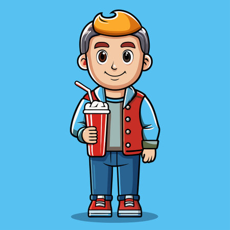 Cartoon Illustration of a Cute Man Enjoying a Refreshing Sodaのイラスト素材