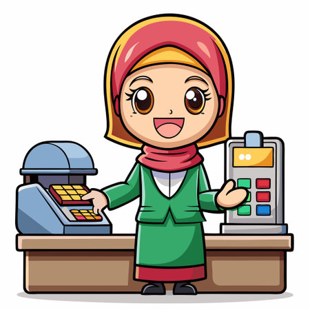 Charming Hijabi Fast Food Employee Serving a Delightful Burgerのイラスト素材