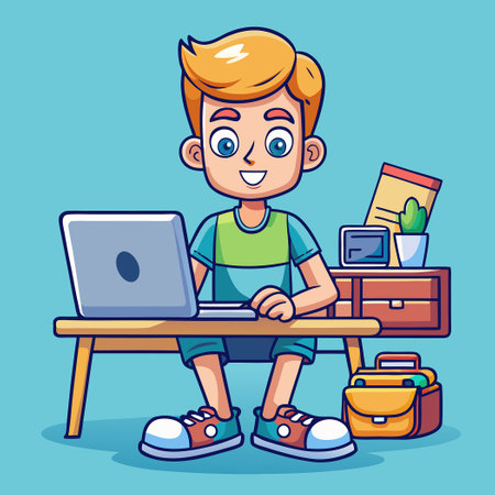 Freelancer Man Hard at Work on His Laptop with a Focused Expressionのイラスト素材