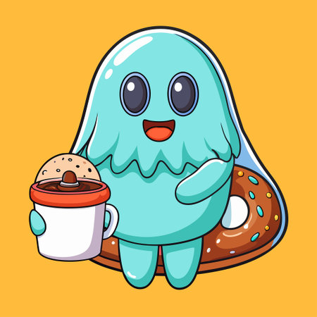 Adorable Ghost Enjoying Coffee and Donut with a Spooky Smileのイラスト素材
