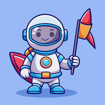 Adorable Astronaut Waving and Holding Rocket Flag for Adventureのイラスト素材