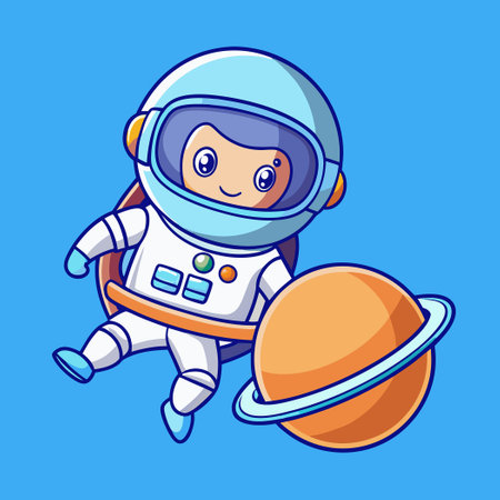 Adorable Astronaut Soaring Through Space Beside a Vibrant Planetのイラスト素材