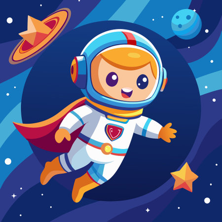 Super Cute Astronaut Superhero Soaring Through Space in a Cartoonish Vehicleのイラスト素材