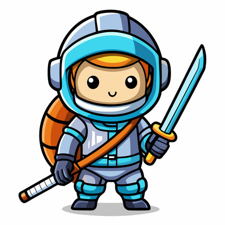 Adorable Astronaut Samurai Wielding Katana Sword Cartoon Illustrationのイラスト素材