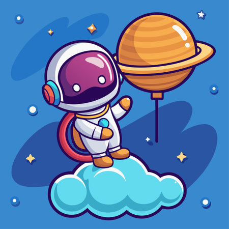 Adorable Astronaut Hovers Through Space on Cloud-Shaped Vehicle with Planet Balloonのイラスト素材