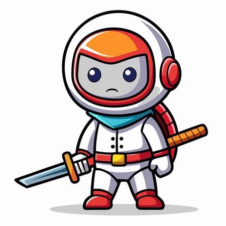 Adorable Cartoon Astronaut Samurai Embracing the Night with Katana Swordのイラスト素材