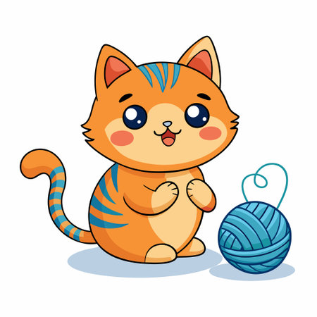 Adorable Cartoon Cat Playing with a Yarn Ball Illustrationのイラスト素材