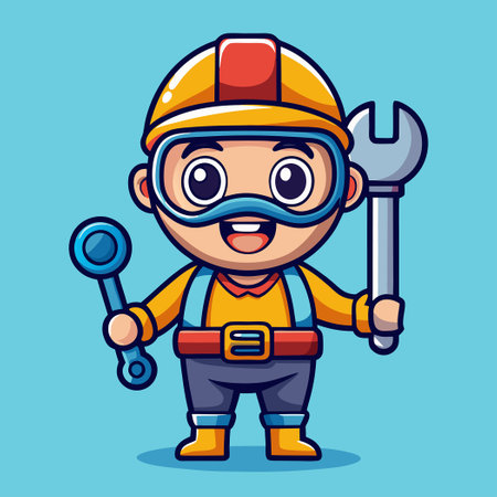 Cartoon Vector of a Cute Diver Handyman Toiling with a Wrenchのイラスト素材