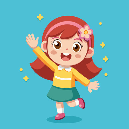Adorable Anime Girl Raising Hand in Cute Cartoon Style Illustrationのイラスト素材