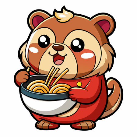 Adorable Cartoon Bear Enjoying a Delectable Ramen Noodle Feastのイラスト素材