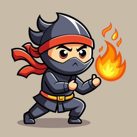 Adorable Ninja Cartoon Character Blowing Fiery Stream in a Fun and Playful Mannerのイラスト素材