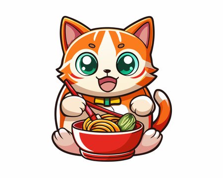 Adorable Animated Cat Indulging in Delicious Ramen Noodlesのイラスト素材