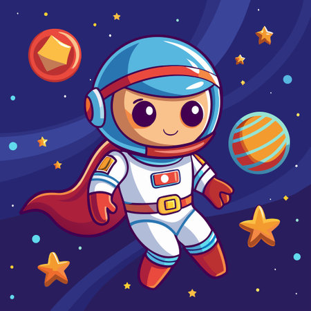 Cosmic Adventure: Cute Astronaut Superhero Soars Through Space in Cartoonish Vehicleのイラスト素材