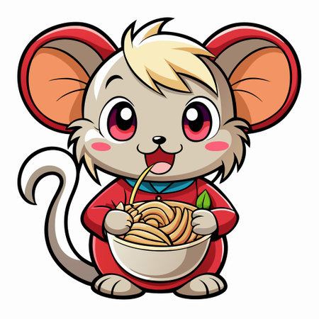 Adorable Mouse Enjoying a Delicious Bowl of Ramen Noodle Soupのイラスト素材