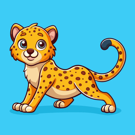 Cartoon Illustration of an Adorable Cheetah Stretching with Grace and Charmのイラスト素材