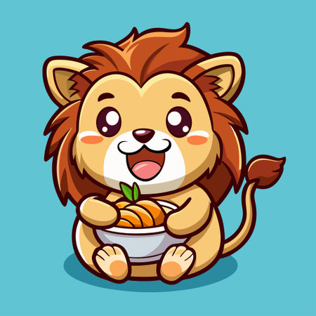 Adorable Lion Delightfully Indulging in a Bowl of Ramen Noodles - Animated Vector Iconのイラスト素材