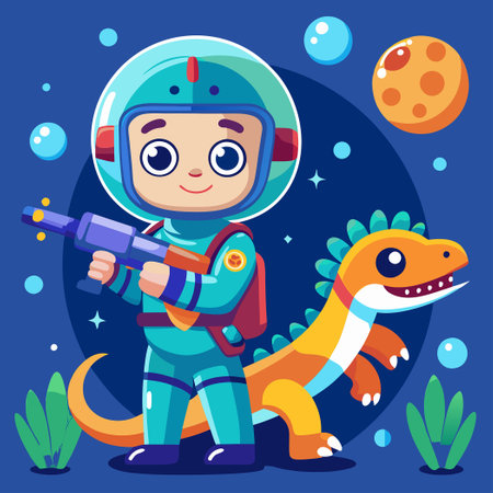 Underwater Adventure: Diver with Dinosaur Companion and Space Gun Carのイラスト素材