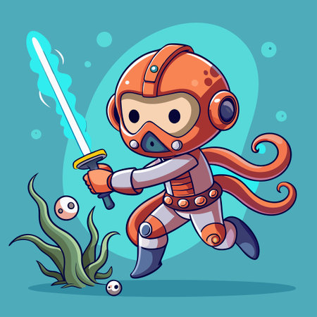 Underwater Combat: Diver Wielding Lightsaber Battles Giant Octopusのイラスト素材