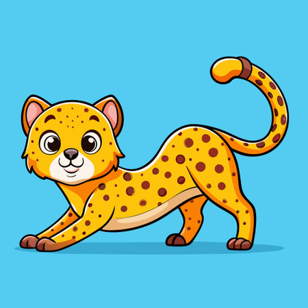 Adorable Cheetah Stretching in a Cartoonish Vector Icon Illustrationのイラスト素材