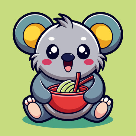 Adorable Koala Bear Enjoying a Bowl of Ramen Noodles Vector Graphic Iconのイラスト素材