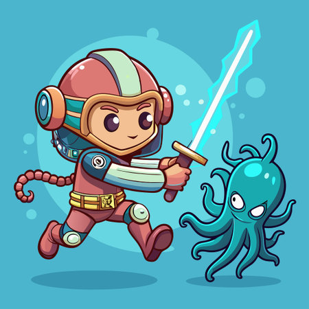 Adorable Diver Engages in Lightsaber Duel with Mysterious Octopus Underwaterのイラスト素材