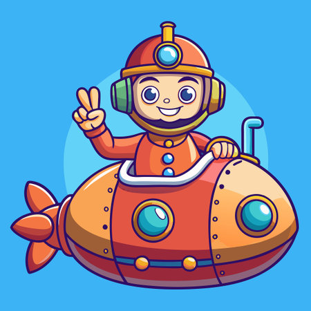 Cheerful Diver Gesturing Peace Sign while Sitting on Submarineのイラスト素材