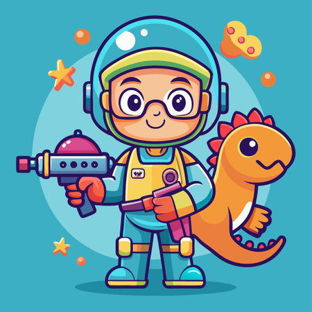 Adorable Diver in Dinosaur Costume Aiming Space Gun in Carのイラスト素材