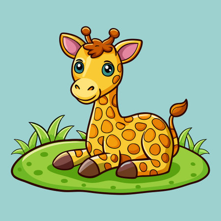 Adorable Baby Giraffe Resting Playfully on the Floor in Cartoon Styleのイラスト素材