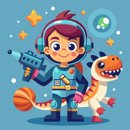 Adventuresome Diver with Pet Dinosaur and Futuristic Space Gun Carのイラスト素材