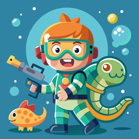 Adorable Scuba Diver Embracing Dinosaur with Space Gun Car in Handのイラスト素材