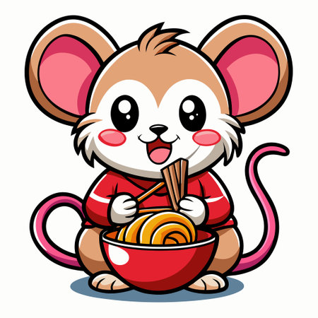Adorable Mouse Savoring a Bowl of Delicious Ramen Noodle Cartoon Illustrationのイラスト素材