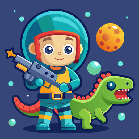 Adorable Diver with Toy Dinosaur and Space Gun Vehicle Explores Underwater Adventureのイラスト素材