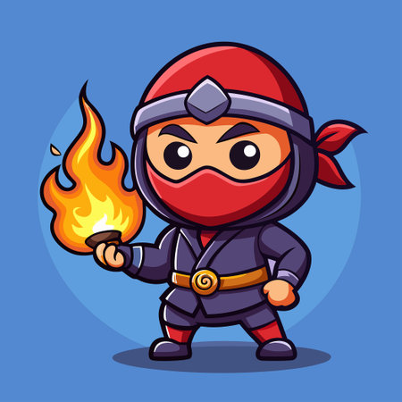 Adorable Ninja Cartoon Vector Icon Blowing Flames with a Red Belt and Grinning Expressionのイラスト素材
