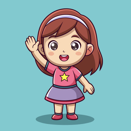 Adorable Cartoon Illustration of a Cute Girl Raising Her Handのイラスト素材