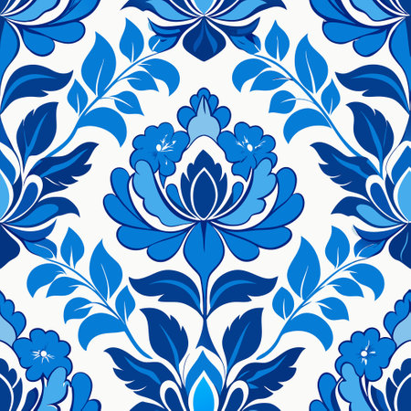 Tranquil Damask Floral Pattern in Serene Blue and Whiteのイラスト素材