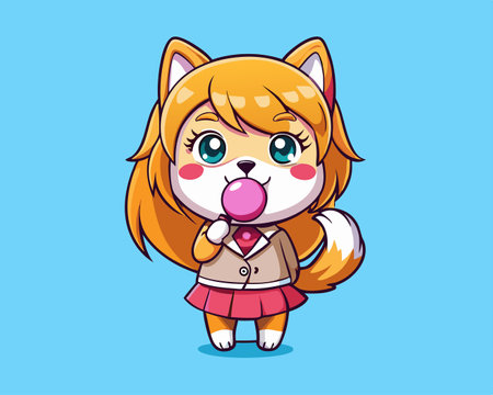 Adorable Shiba Inu Dog Girl Blowing a Candy Bubble Gum Balloonのイラスト素材