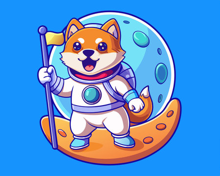 Adorable Shiba Inu Astronaut Waving Bone Flag in Spaceのイラスト素材