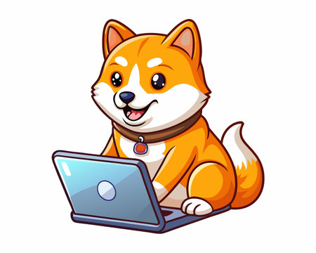 Adorable Shiba Inu Puppy Engaged in Laptop Playtime Cartoon Vector Illustrationのイラスト素材