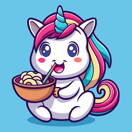 Adorable Unicorn Indulging in a Savory Ramen Feast Cartoon Vector Illustrationのイラスト素材