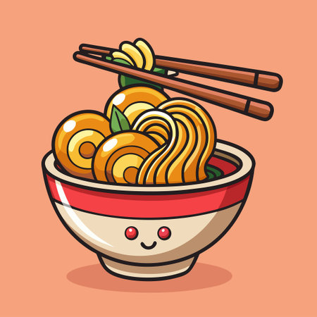 Delightful Ramen and Udon Noodles with Chopsticks in a Cartoon Styleのイラスト素材