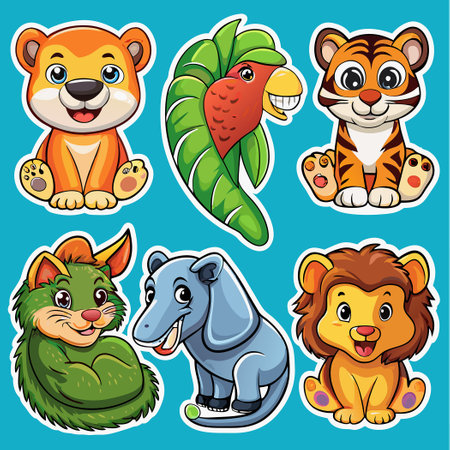 Cartoon Animal Sticker Set Featuring Six Wild Animalsのイラスト素材