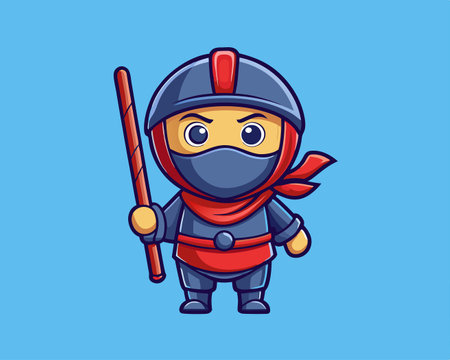 Adorable Ninja Holding Stick in Cartoon Vector Illustrationのイラスト素材