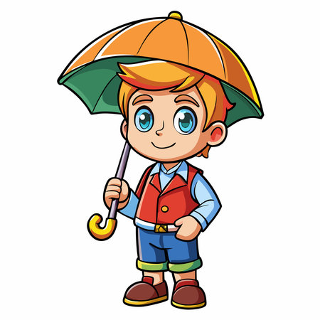 Adorable Cartoon Vector Illustration of a Boy Holding an Umbrellaのイラスト素材