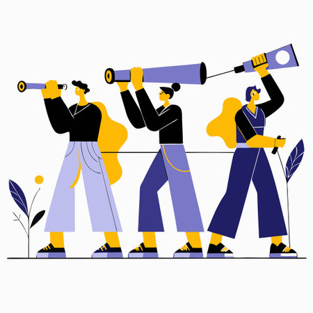 Three Explorers Gazing into the Distant Skies with Binoculars and Telescopeのイラスト素材