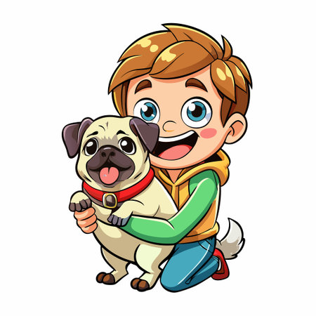 Adorable Boy Embracing a Cute Pug Dog in Cartoon Style Illustrationのイラスト素材