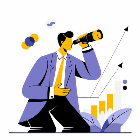 Businessman with Binoculars Navigating the Uncertain Market Landscapeのイラスト素材