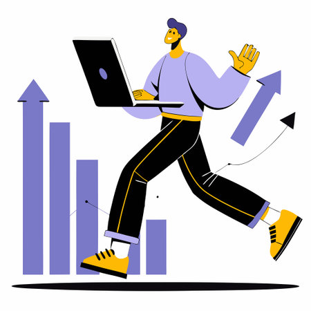 Cheerful Man in Casual Attire Runs with Laptop in Handのイラスト素材