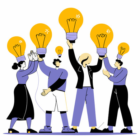 Collaborative Illumination: A Group of Characters Unite Under the Glow of a Giant Bulbのイラスト素材