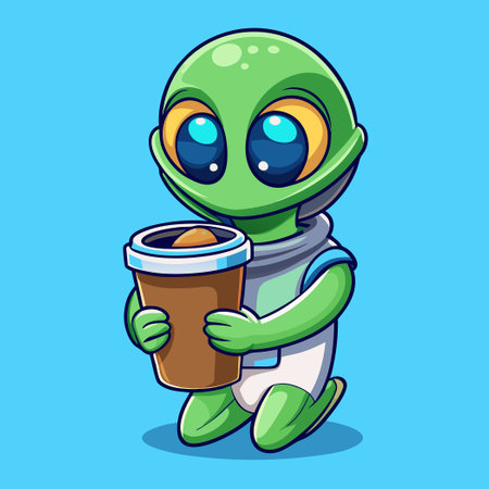 Adorable Extraterrestrial Drinking Coffee on a Mug Vector Illustrationのイラスト素材