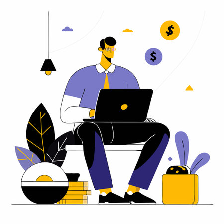 Man Diligently Assembles His Professional Portfolio on Laptopのイラスト素材